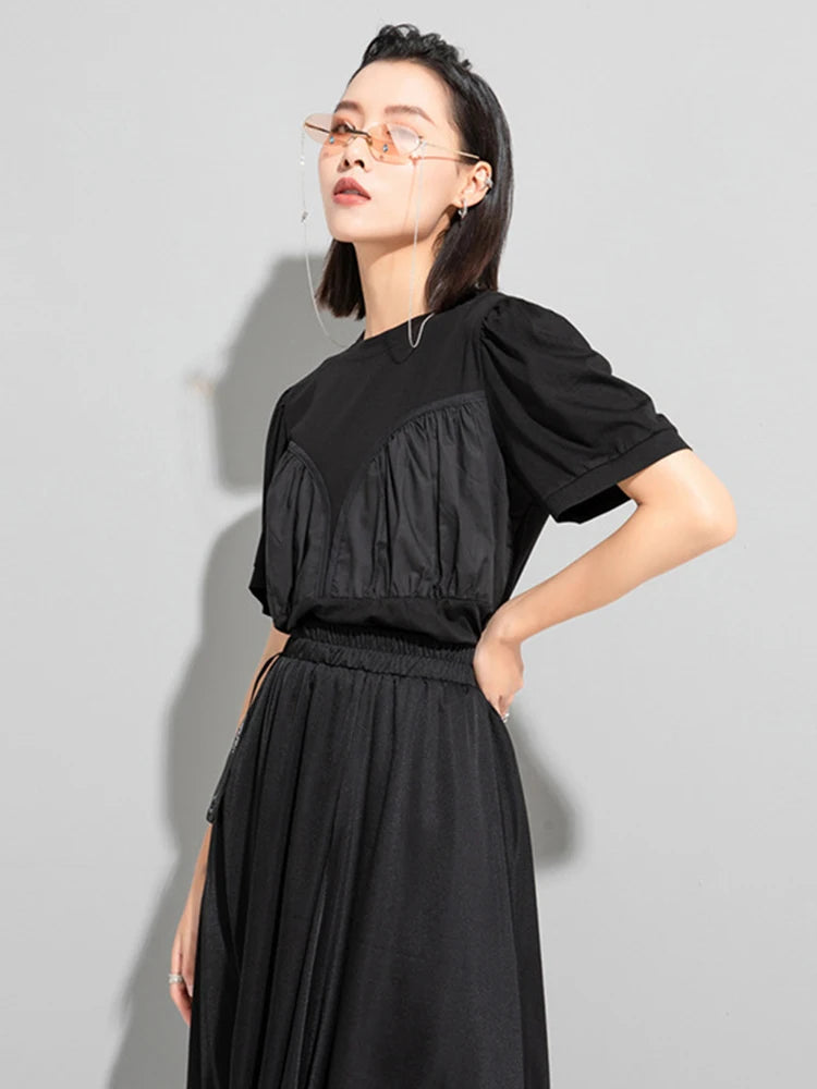 Women White Pleated Spliced Big Size Casual T-shirt New Round Neck Short Sleeve Fashion Tide Spring Summer 2025 1DJ1055