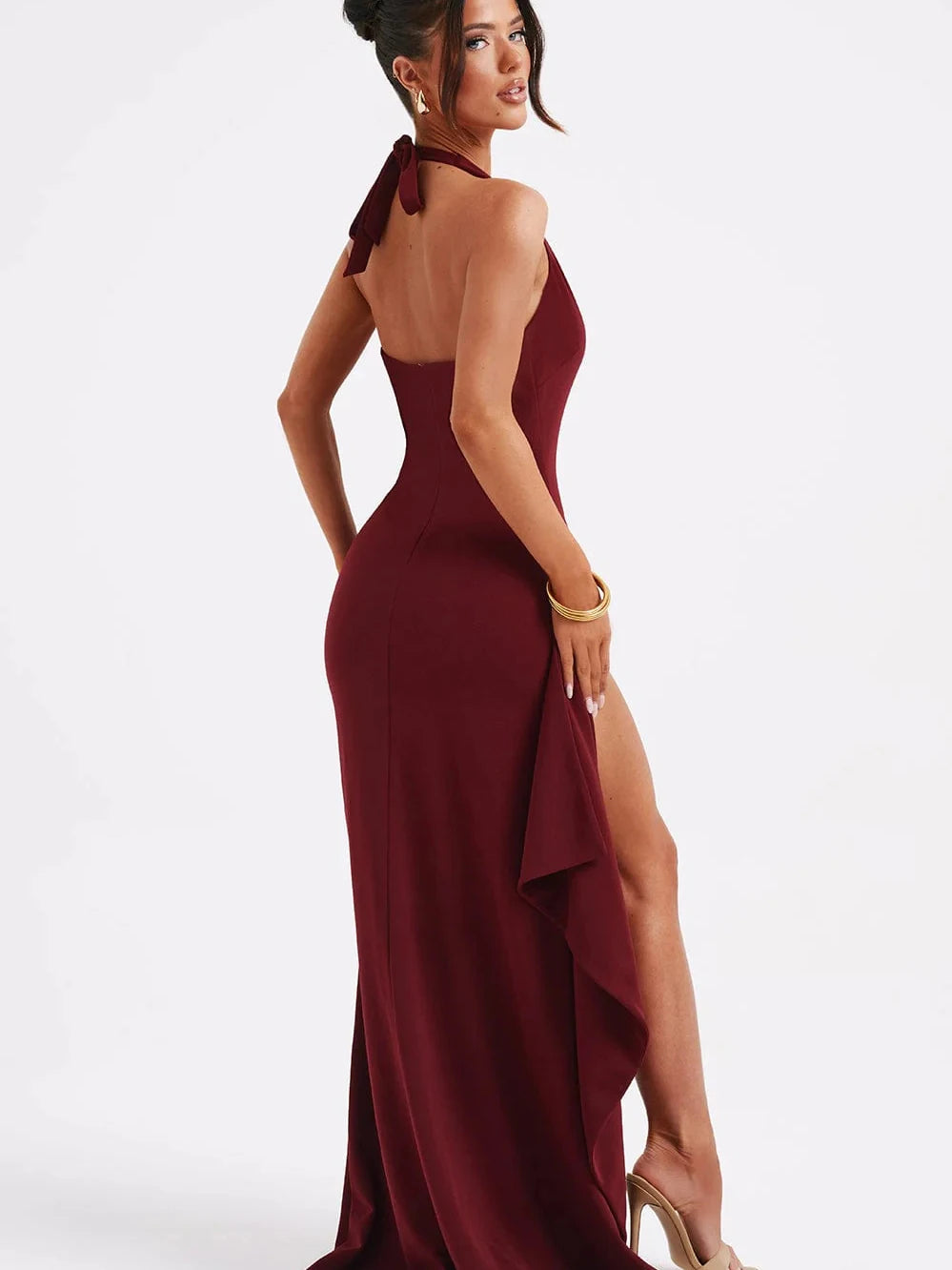 Women's Sexy Sleeveless High Split Evening Dress, Lace Up Neck Fold, Elegant Female Fashion, Backless Partywear, 2024