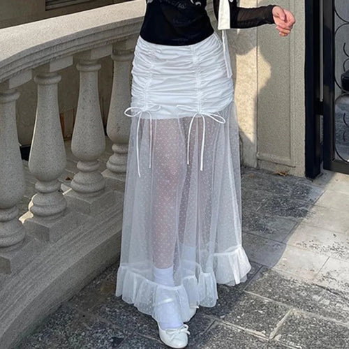 Load image into Gallery viewer, Streetwear White Ruffles Folds Sexy Long Skirt Women Fashion Korean Mesh Lace Spliced Transparent Summer Party Skirt
