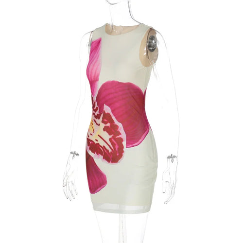 Load image into Gallery viewer, Mesh Floral Print Sexy Mini Dress Women Robe Summer New O Neck Sleeveless Slim Beach Holiday Bodycon Club Dress
