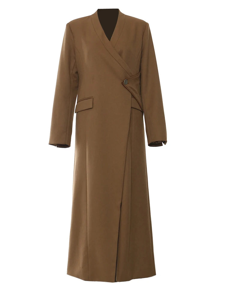 Women Brown Irregular Single Button Long Elegant Blazer New V-neck Long Sleeve Jacket Fashion Spring Autumn 2025 1DH6489