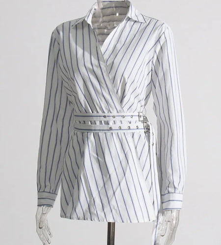 Colorblock Striped Patchwork Belt Blouses For Women Lapel Long Sleeve Spliced Button Casual Slimming Blouse Female