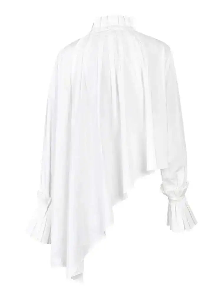 Women White Pleated Big Size Irregular Blouse New Stand Collar Long Sleeve Shirt Fashion Spring Autumn 2025  1DE395100
