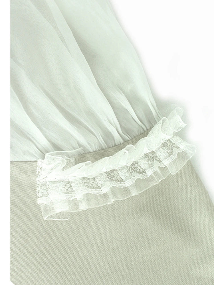 Women Apricot Mesh Spliced Big Size Elegant T-shirt New Round Neck Short Puff Sleeve Fashion Spring Summer 20251DJ0891