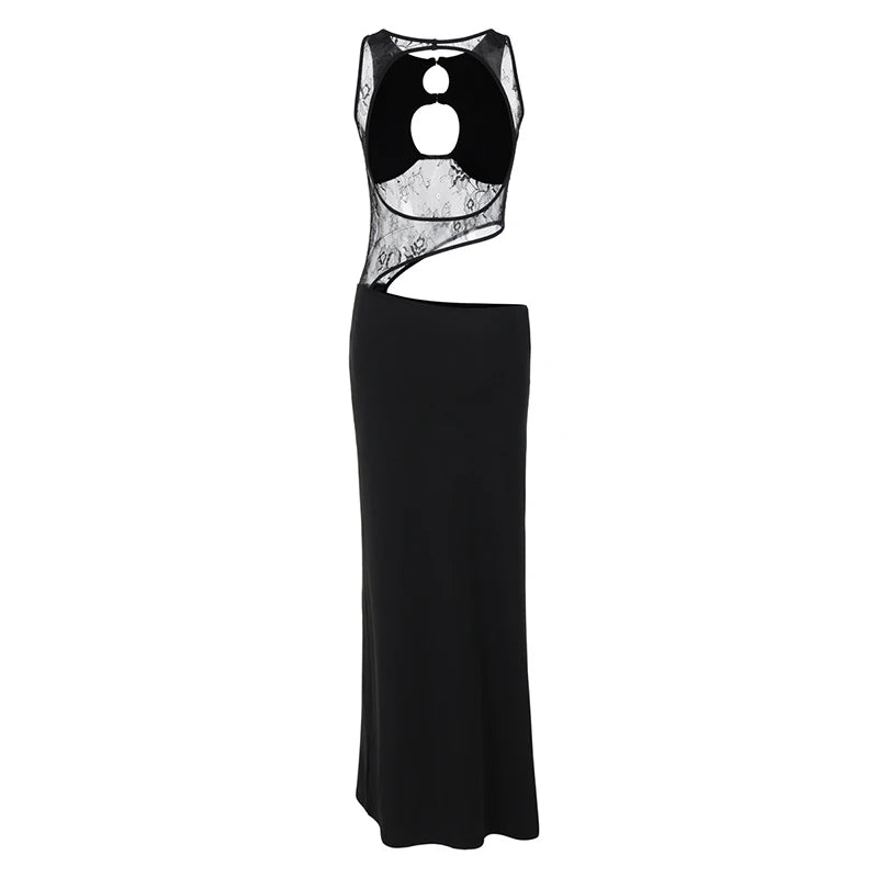 Hollow Out Sleeveless Sexy Maxi Dress For Women Black O Neck See Through Lace Backless Bodycon Club Long Dress Fashion