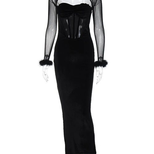 Load image into Gallery viewer, Feather Mesh Long Sleeve Patchwork Velvet Hollow Out Elegant Sexy Maxi Dress 2022 Winter Birthday Party Y2K Outfit
