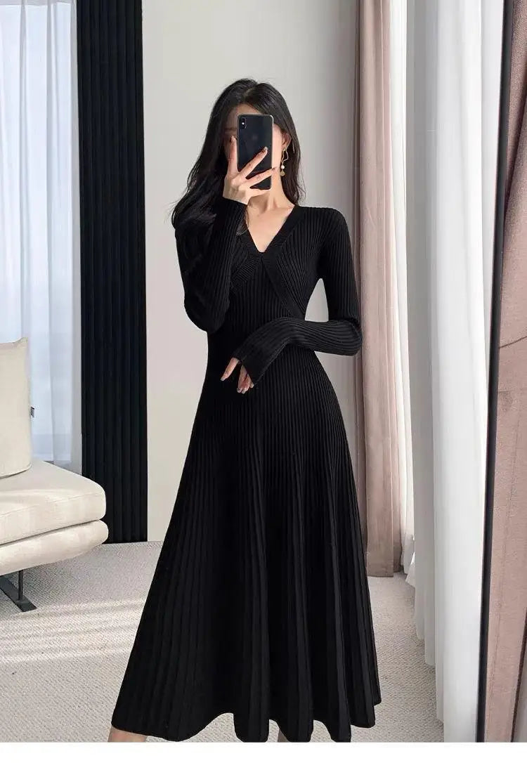 Black Sweet Sweater Midi Dress For Woman 2023 Casual Autumn Winter Knitted Korean V-neck Long Sleeve Elegance Red Dress Fashion