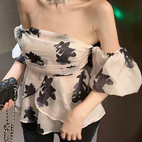 Load image into Gallery viewer, Puff Sleeve Slash Neck Sexy Strapless Women Blouse Summer Printed Pleated Casual Female Blouses Fashion Streetwear Outfit
