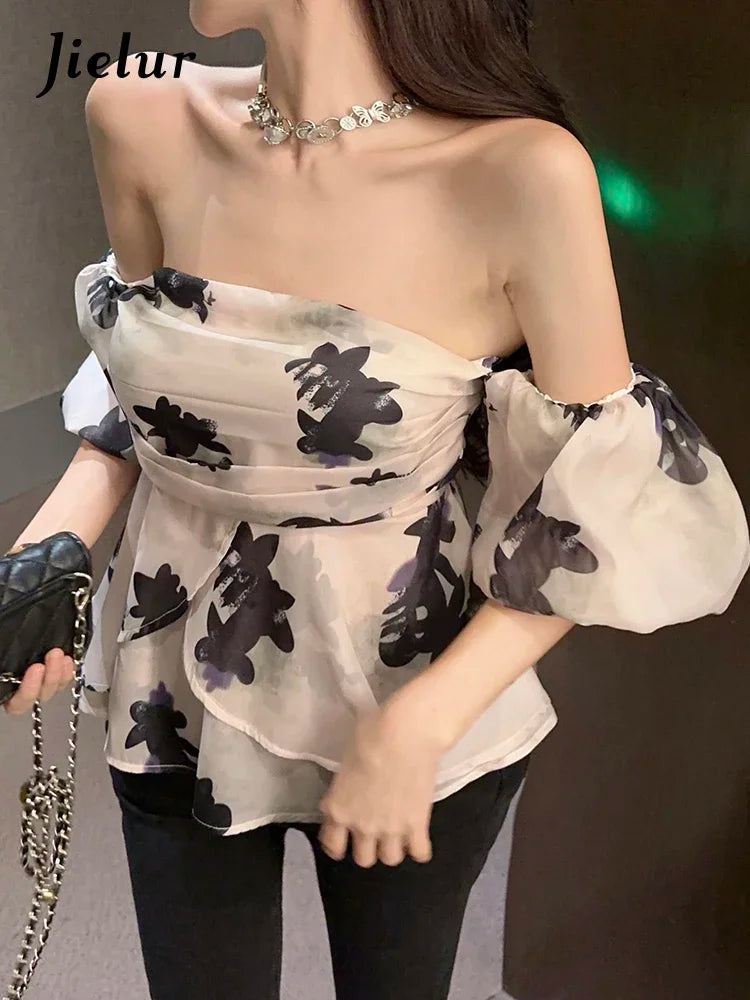 Puff Sleeve Slash Neck Sexy Strapless Women Blouse Summer Printed Pleated Casual Female Blouses Fashion Streetwear Outfit