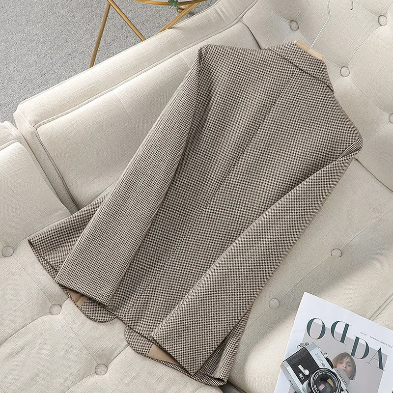 Women Thousand Plaid Office Lady Professional Blazer Coat Autumn Winter Long Sleeve Single Button Cardigan Jacket Fashion Tops