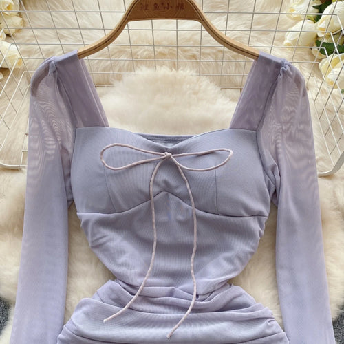 Load image into Gallery viewer, Autumn Women Fashion Black Pink Elegant Sexy Temperament Mesh Short Dress French Purple Square Collar Lace-up Pleated Mini Dress
