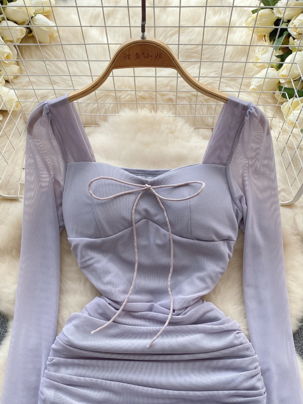 Autumn Women Fashion Black Pink Elegant Sexy Temperament Mesh Short Dress French Purple Square Collar Lace-up Pleated Mini Dress