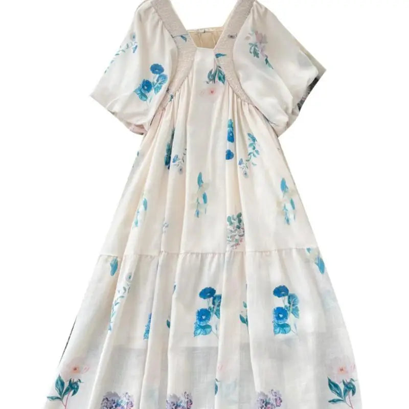 French Women Vintage Sweet Beige Printed Backless Party Long Dress Summer New Square Neck Short Sleeves Pleated Dress Bohemian