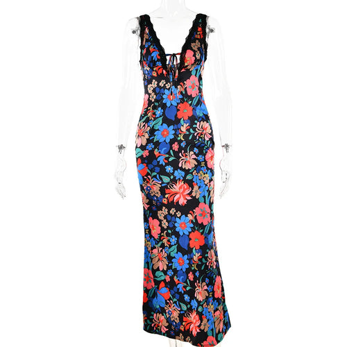 Load image into Gallery viewer, Floral Print Backless Maxi Dress For Women 2023 New V Neck Sleeveless Bodycon Long Dresses Ladies Elegant Sexy Dress
