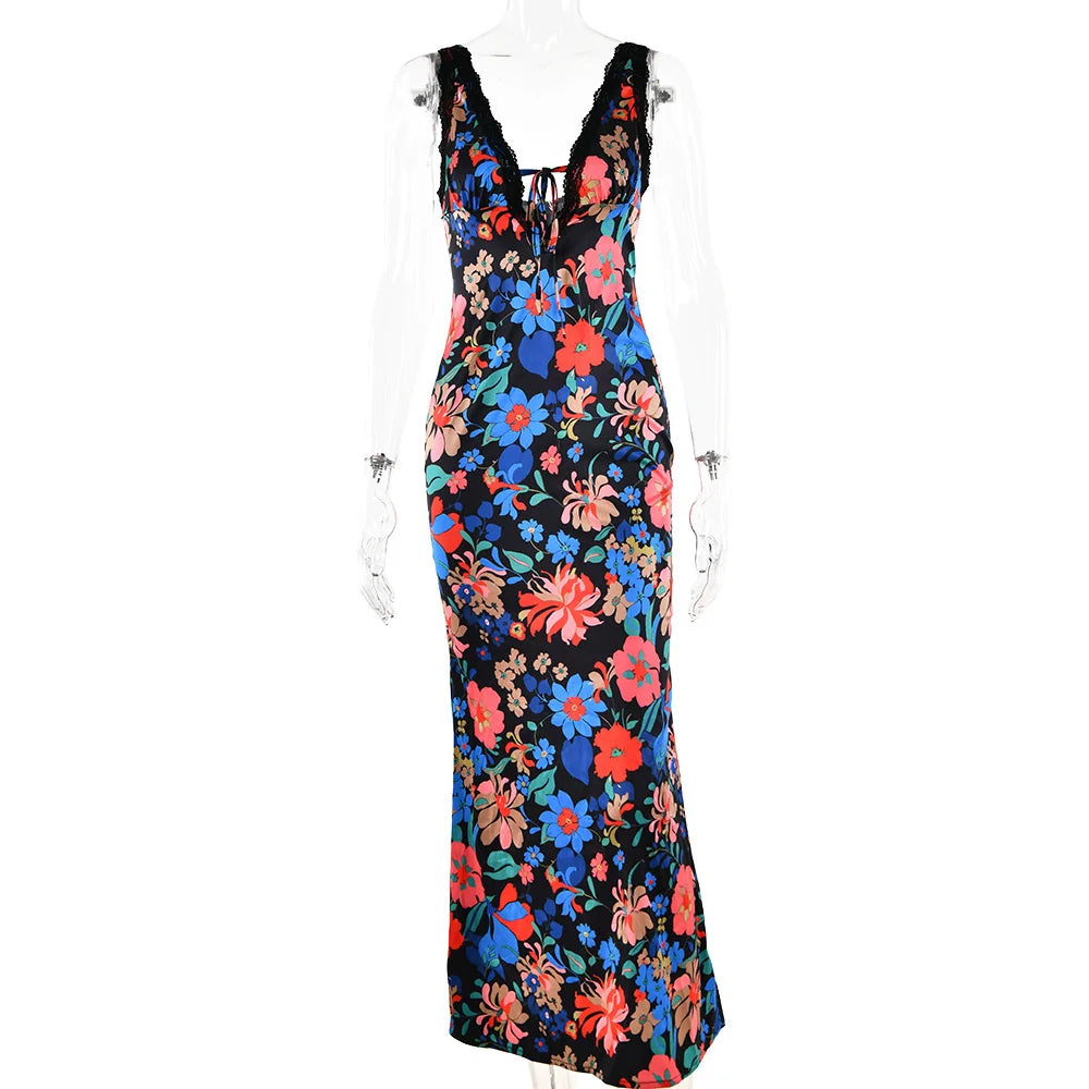 Floral Print Backless Maxi Dress For Women 2023 New V Neck Sleeveless Bodycon Long Dresses Ladies Elegant Sexy Dress