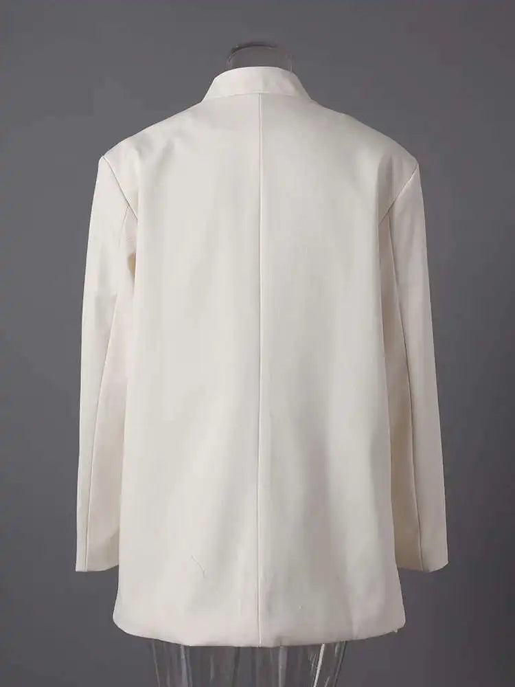 Women Beige Chinese Letter Embroidery Blazer New Stand Collar Long Sleeve Jacket Fashion Tide Spring Autumn 2025 CPG2868