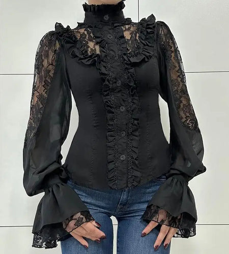 Chic French Lace Hook Flower Hollow Shirts Women Elegant Turtleneck Ruffles Trim Blouse Flared Sleeve Vintage Ruched