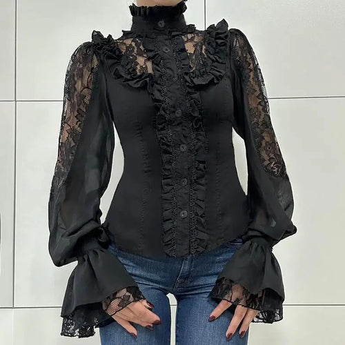 Load image into Gallery viewer, Chic French Lace Hook Flower Hollow Shirts Women Elegant Turtleneck Ruffles Trim Blouse Flared Sleeve Vintage Ruched
