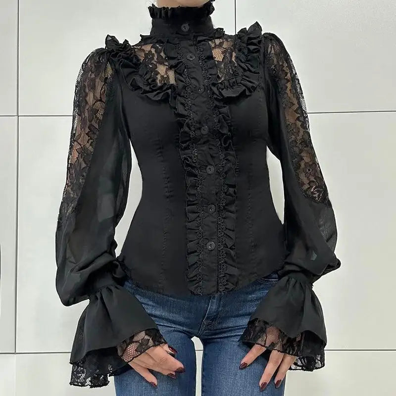 Chic French Lace Hook Flower Hollow Shirts Women Elegant Turtleneck Ruffles Trim Blouse Flared Sleeve Vintage Ruched