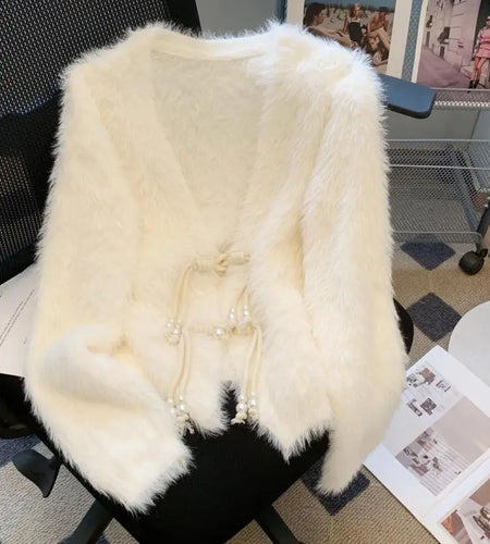 Autumn Winter Chinese Style White V Neck Elegant Knitted Cardigan Tops Women Beige Single Breasted Long Sleeve Mink Sweater Chic