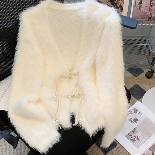 Load image into Gallery viewer, Autumn Winter Chinese Style White V Neck Elegant Knitted Cardigan Tops Women Beige Single Breasted Long Sleeve Mink Sweater Chic
