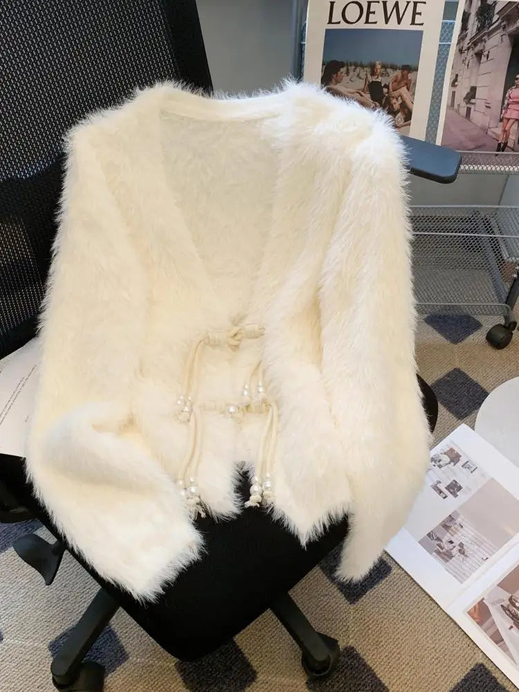 Autumn Winter Chinese Style White V Neck Elegant Knitted Cardigan Tops Women Beige Single Breasted Long Sleeve Mink Sweater Chic