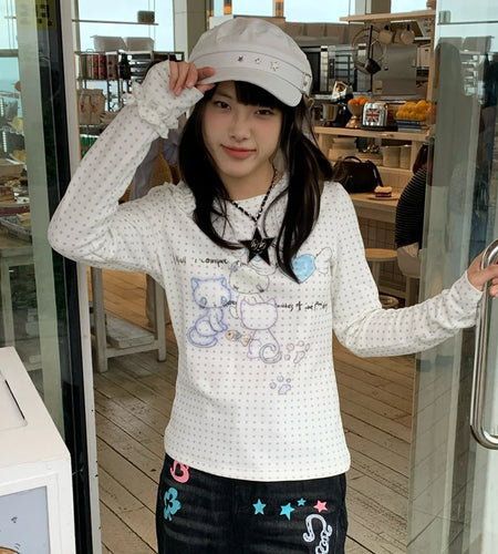 Japanese Y2k Anime Print Knitted Tops 2000s Aesthetics Long Sleeve T-shirt Cutecore Polka Dots Ribbed Tops Kawaii Cat