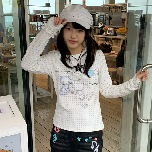 Load image into Gallery viewer, Japanese Y2k Anime Print Knitted Tops 2000s Aesthetics Long Sleeve T-shirt Cutecore Polka Dots Ribbed Tops Kawaii Cat
