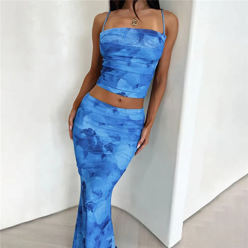 Load image into Gallery viewer, Strapless Print Sexy Two Piece Sets Women Spaghetti Strap Crop Tops And Maxi Skirt Female Elegant Printed 2 Piece Sets
