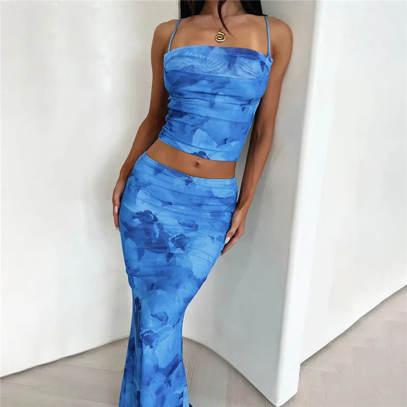 Strapless Print Sexy Two Piece Sets Women Spaghetti Strap Crop Tops And Maxi Skirt Female Elegant Printed 2 Piece Sets