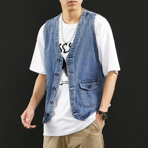 Load image into Gallery viewer, Men's Denim Vest Summer New Male Cargo Clothes Neckless Loose Jacket Trend Youth Coat Single Breasted Men Tide 9W1313
