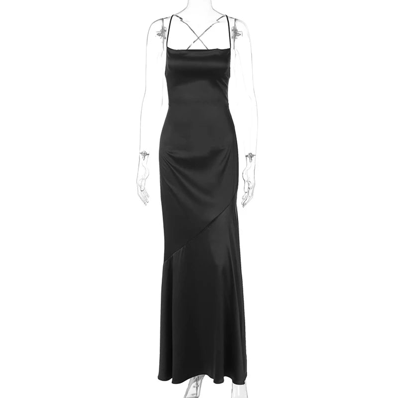 Spaghetti Strap Backless Sexy Maxi Dress Women Gown Black Satin Slipdress Sleeveless High Waist Club Party Long Dress