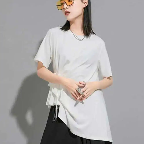 Load image into Gallery viewer, Women White Irregular Drawstring Big Size T-shirt New Round Neck Short Sleeve Fashion Tide Spring Summer 2025 1DE8924
