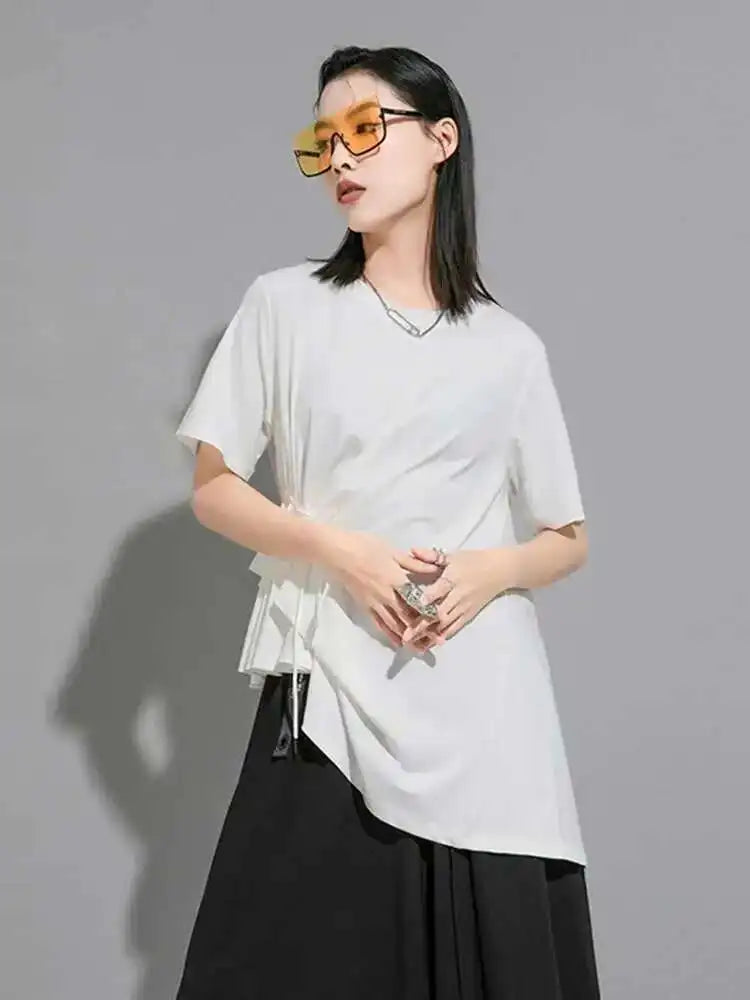Women White Irregular Drawstring Big Size T-shirt New Round Neck Short Sleeve Fashion Tide Spring Summer 2025 1DE8924