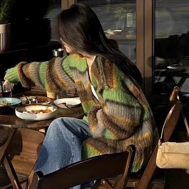 New Fashion Grunge Striped Women Knitwear 2025 Streetwear All Match Loose Y2k Aesthetic Sweaters Casual Vintage Cardigans Autumn