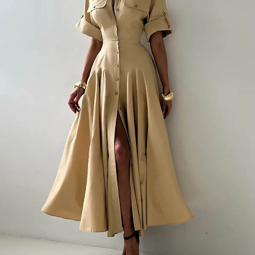 Load image into Gallery viewer, Summer Autumn khaki Shirts Maxi Dresses for Woman 2025 New Lapel Neck Buttoned Elegant Vintage A-line Long Dress Women
