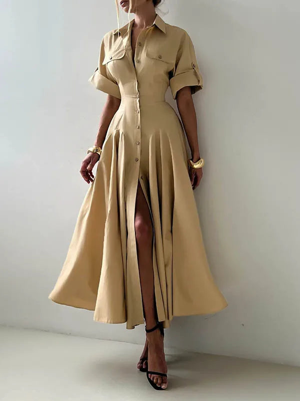 Summer Autumn khaki Shirts Maxi Dresses for Woman 2025 New Lapel Neck Buttoned Elegant Vintage A-line Long Dress Women