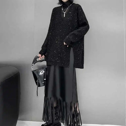 Load image into Gallery viewer, Black Sequins Slit Big Size Knitting Sweater V-Neck Long Sleeve Women Pullovers New Fashion Spring Autumn 2025 1DH9222
