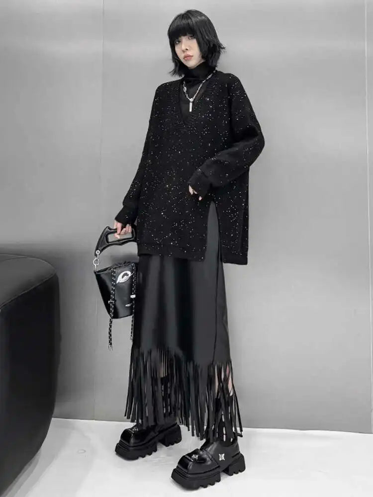 Black Sequins Slit Big Size Knitting Sweater V-Neck Long Sleeve Women Pullovers New Fashion Spring Autumn 2025 1DH9222