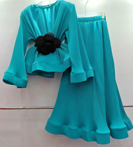 Hit Color Spliced Belt Two Piece Set For Women O Neck Long Sleeve Top High Wait Slimming Skirt Sets Female Fashion