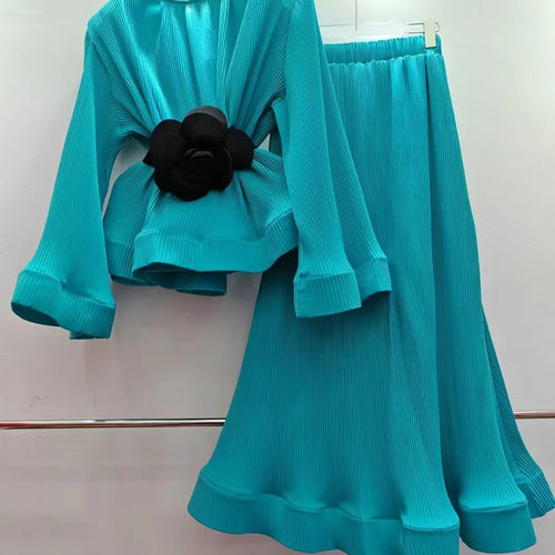 Load image into Gallery viewer, Hit Color Spliced Belt Two Piece Set For Women O Neck Long Sleeve Top High Wait Slimming Skirt Sets Female Fashion
