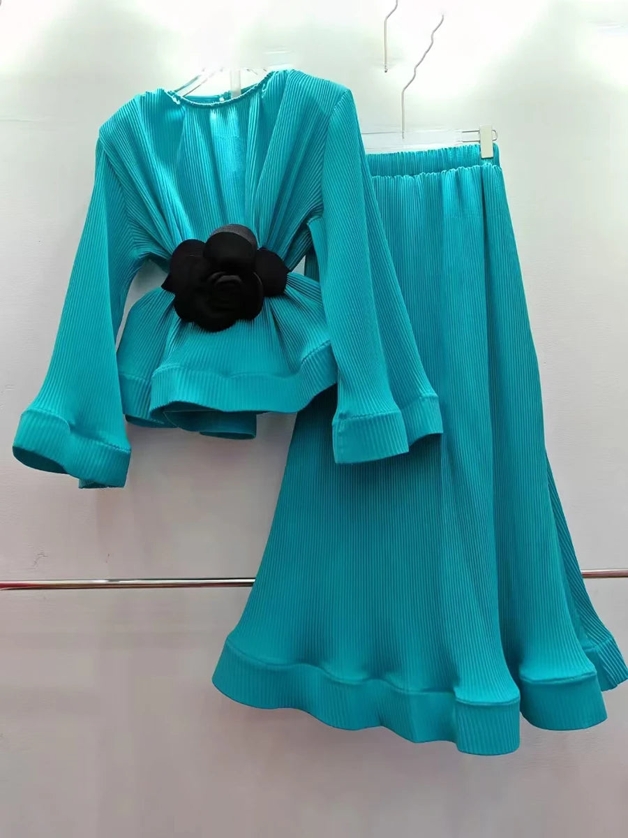 Hit Color Spliced Belt Two Piece Set For Women O Neck Long Sleeve Top High Wait Slimming Skirt Sets Female Fashion