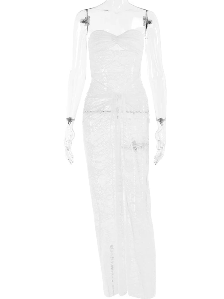 Sexy Lace Strapless Slim Fit Sheer Women's Dress Backless Folds Pleated Slim Fit Long Dress Elegant Party Club Clothing