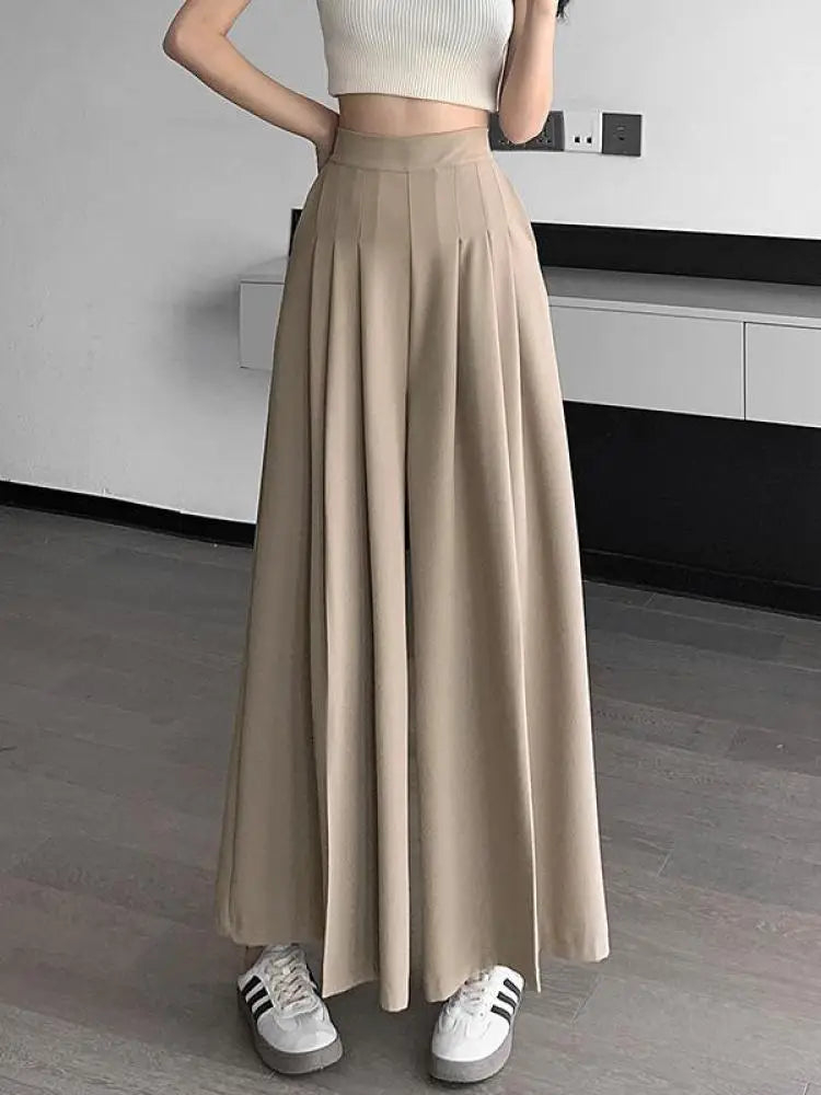 Spring Summer New Korean Women Pink Black Holiday Pleated Trousers Brown High Waist Wide Leg Long Pant Casual Streetwear 
