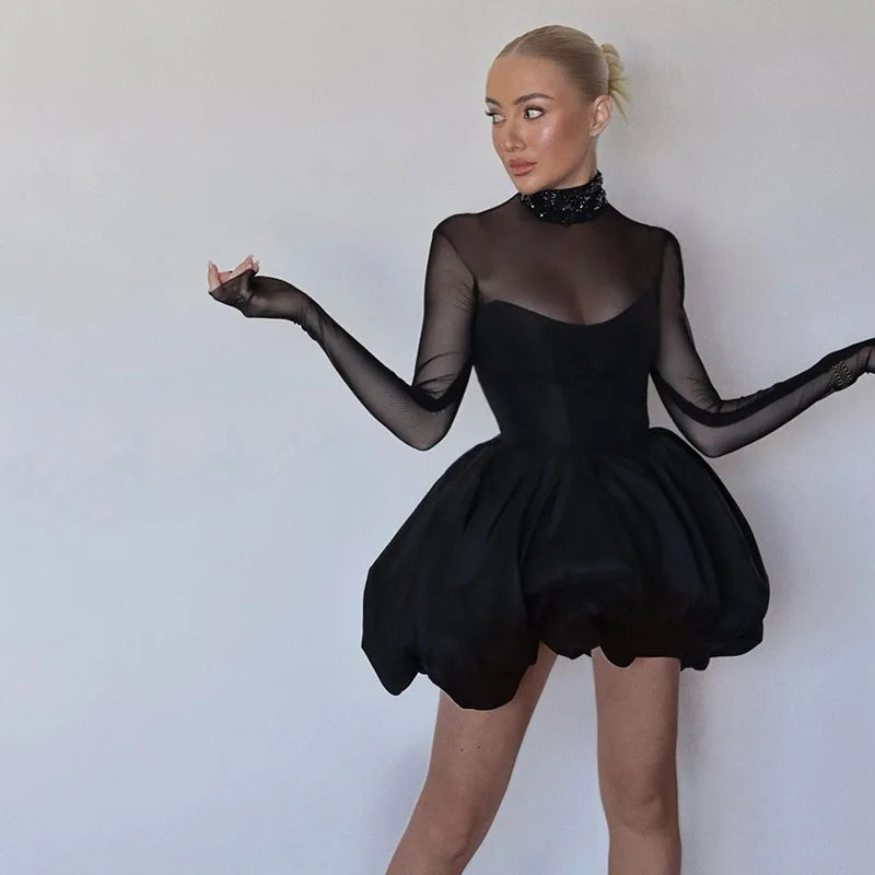 Turtleneck Sheer Long Sleeve Sexy Mini Dress For Women Black See Through High Waist A-line Club Party Dress Elegant