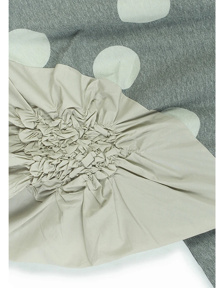 Women Gray Dot Printed Irregular Pleated Big Size T-shirt New Round Neck Short Sleeve Fashion Spring Summer 2025 1DJ1130