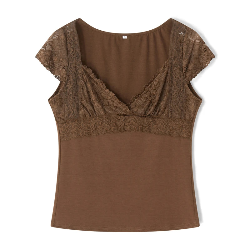 Brown Lace Crop Tops Vintage Aesthetic Women V Neck Short Sleeve T Shirt y2k Fairy Grunge Clothes 2000s Streetwear