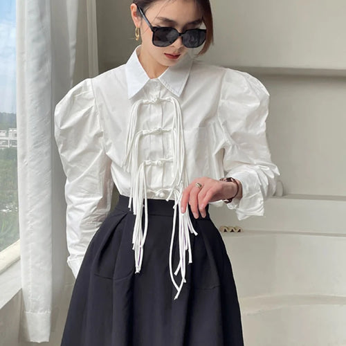 Load image into Gallery viewer, White Patchwork Tassels Shirt For Women Lapel Long Sleeve Solid Minimalist Button Through Blouse Female Clothes
