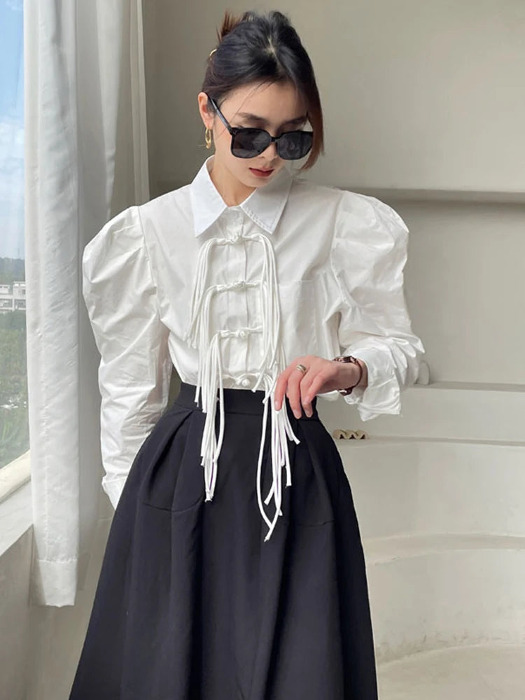 White Patchwork Tassels Shirt For Women Lapel Long Sleeve Solid Minimalist Button Through Blouse Female Clothes