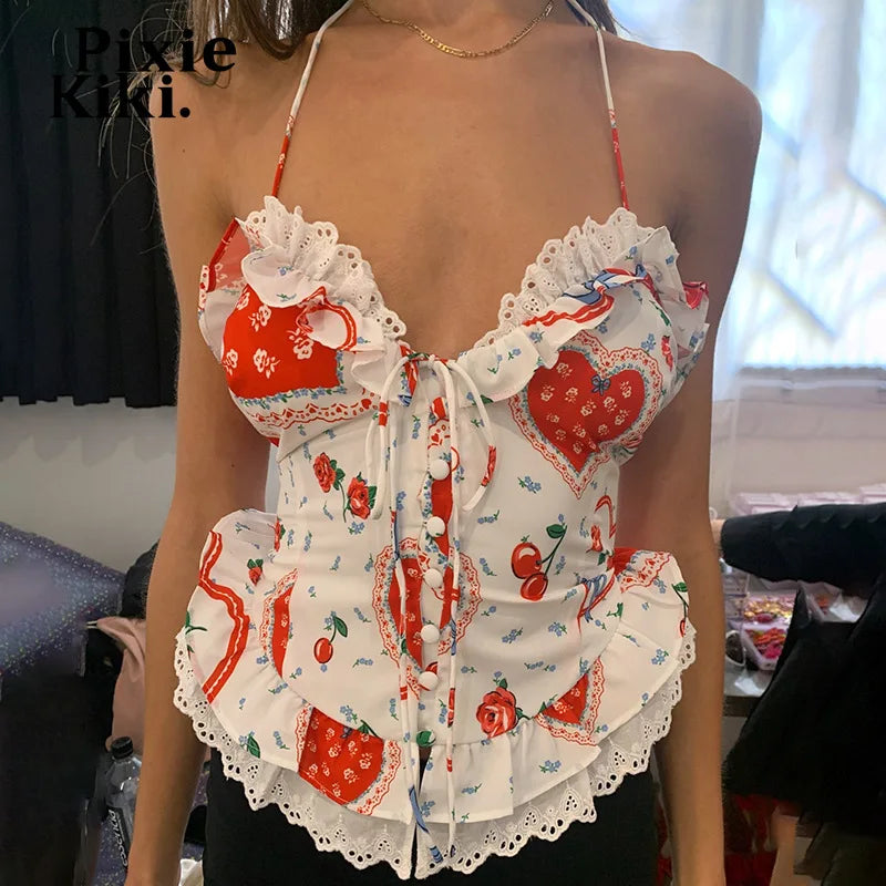 Cute Printed Lace Trim Cami Top 2024 Summer Clothing Women Backless Halter Tops Y2k Girls P85-DG13